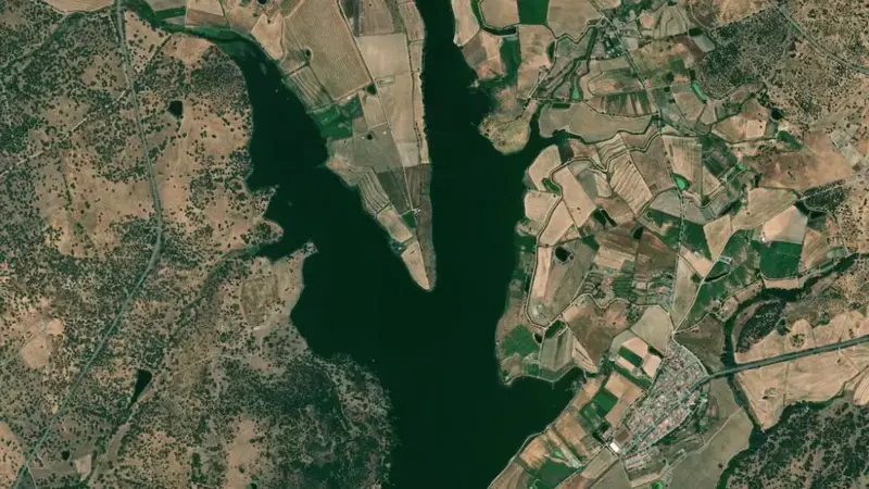 Satellite view of Brovales reservoir, Badajoz, Extremadura, Spain