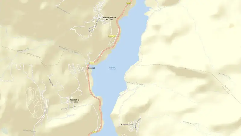 Road map of Búbal reservoir, Huesca, Aragon, Spain