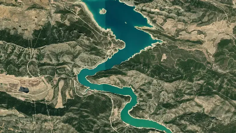 Satellite view of Calanda reservoir, Teruel, Aragon, Spain