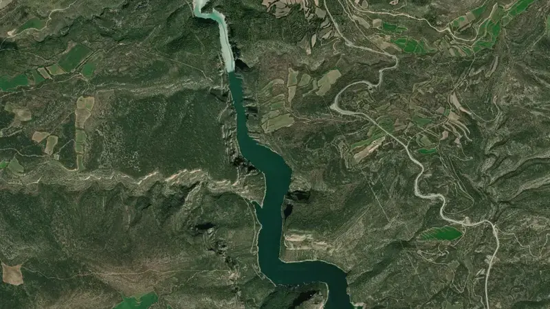 Satellite view of Camarasa reservoir, Lleida, Catalonia, Spain