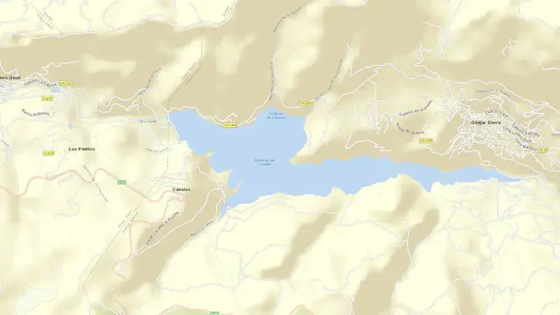 Road map of Canales reservoir, Granada, Andalusia, Spain
