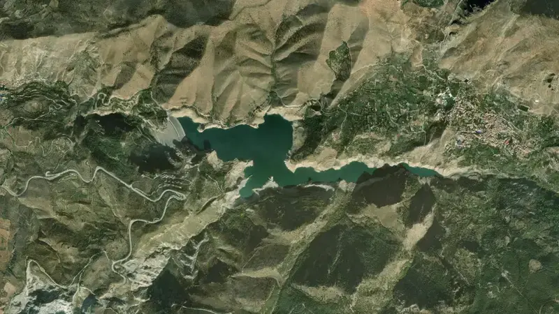 Satellite view of Canales reservoir, Granada, Andalusia, Spain