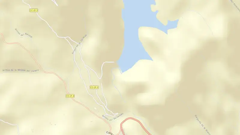 Road map of Cancho del Fresno reservoir, Cáceres, Extremadura, Spain
