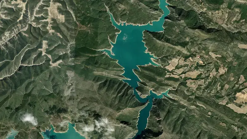 Satellite view of Canelles reservoir, Huesca, Aragon, Spain
