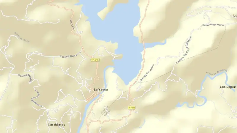 Road map of Casasola reservoir, Malaga, Andalusia, Spain