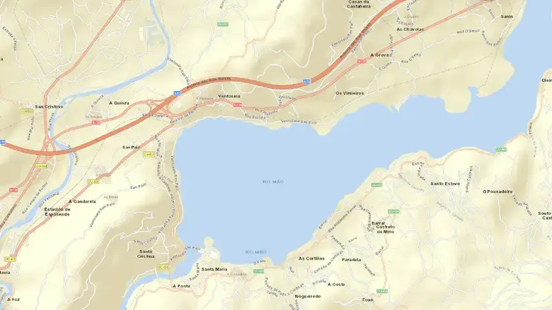 Road map of Castrelo reservoir, Ourense, Galicia, Spain