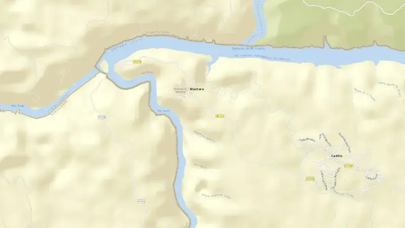 Road map of Cedillo reservoir, Cáceres, Extremadura, Spain