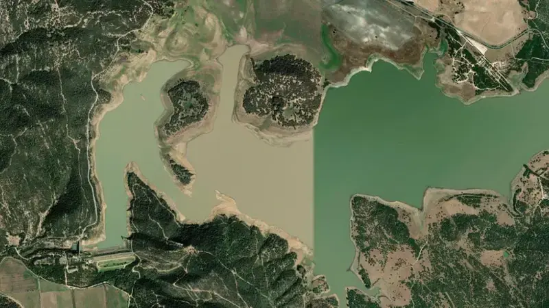 Satellite view of Celemín reservoir, Cádiz, Andalusia, Spain