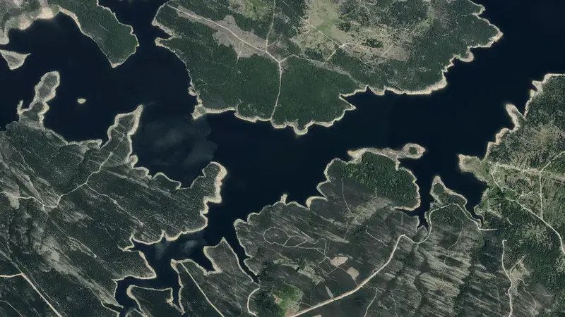 Satellite view of Cernadilla reservoir, Zamora, Castile and León, Spain