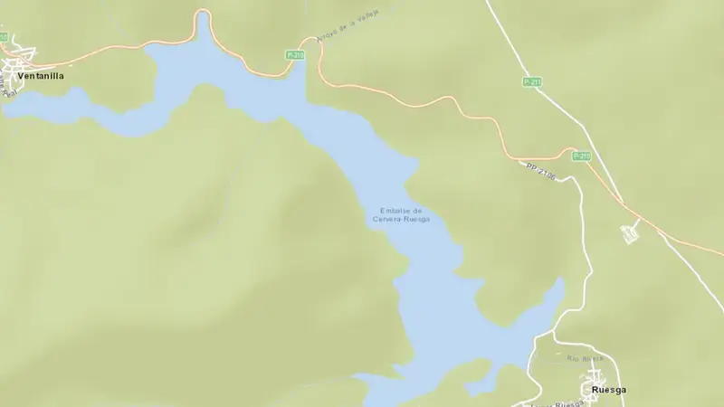 Road map of Cervera reservoir, Palencia, Castile and León, Spain