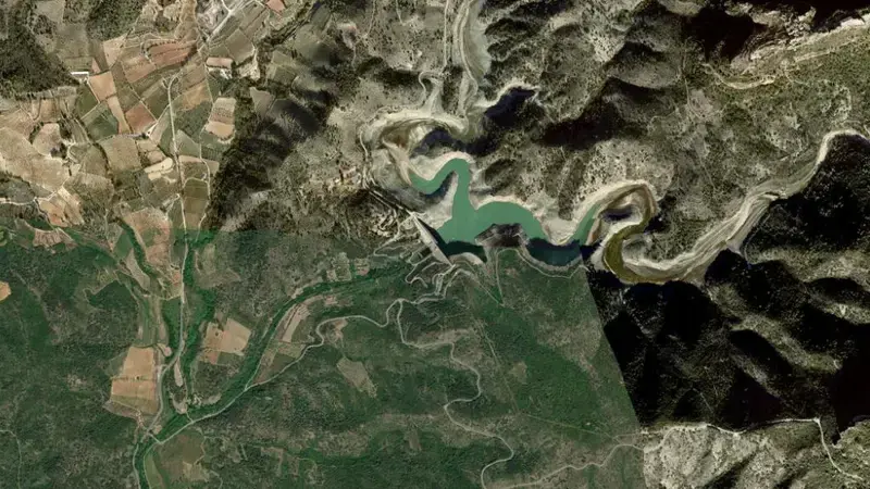 Satellite view of Ciurana reservoir, Tarragona, Catalonia, Spain