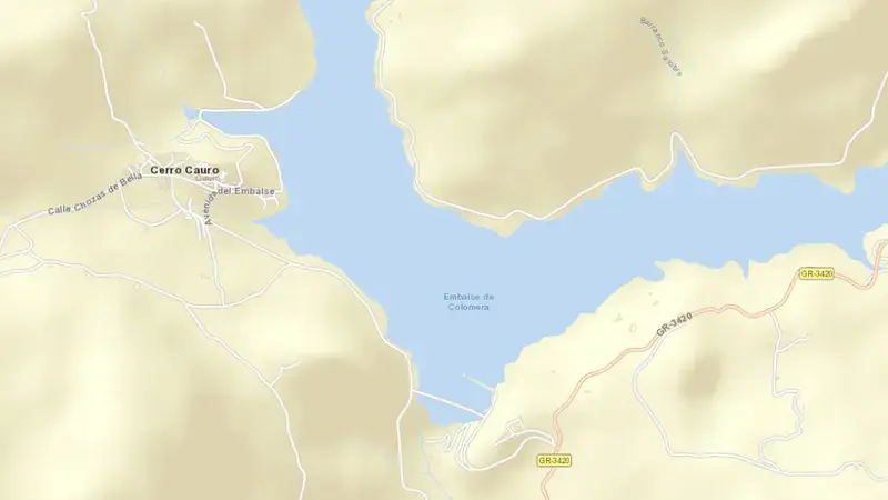 Road map of Colomera reservoir, Granada, Andalusia, Spain