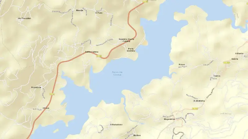 Road map of Las Conchas reservoir, Ourense, Galicia, Spain