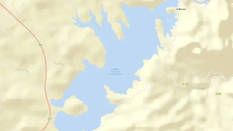 Road map of Conde Guadalhorce reservoir, Malaga, Andalusia, Spain