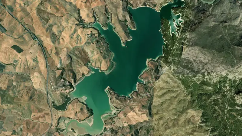 Satellite view of Conde Guadalhorce reservoir, Malaga, Andalusia, Spain