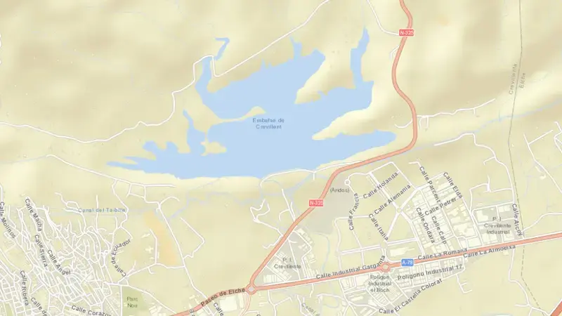 Road map of Crevillente reservoir, Alacant / Alicante, Valencian Community, Spain