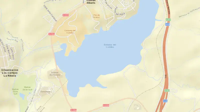 Road map of Cubillas reservoir, Granada, Andalusia, Spain
