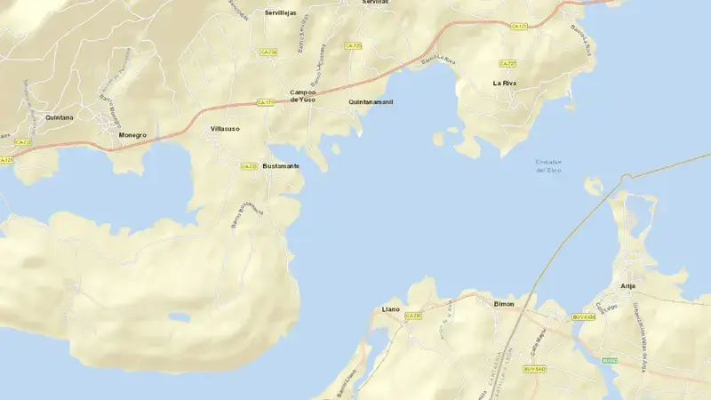 Road map of Ebro reservoir, Cantabria, Spain