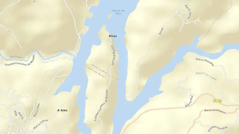 Road map of Eiras reservoir, Pontevedra, Galicia, Spain