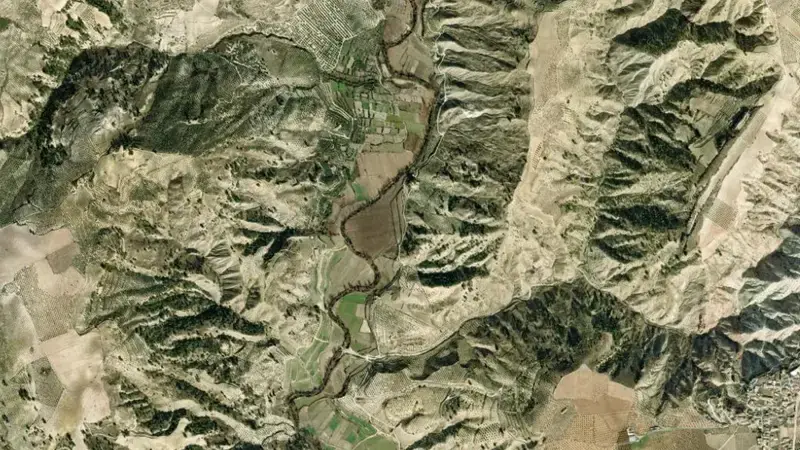 Satellite view of El Portillo reservoir, Granada, Andalusia, Spain