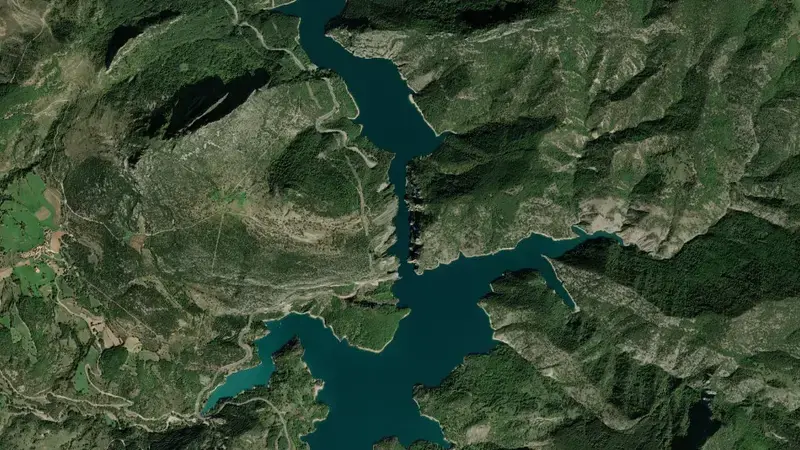 Satellite view of Escales reservoir, Huesca, Aragon, Spain