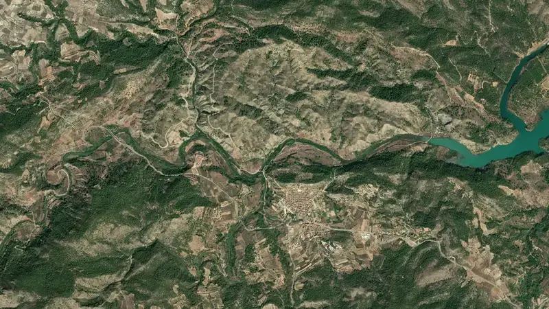 Satellite view of Escalona reservoir, Valencia, Valencian Community, Spain