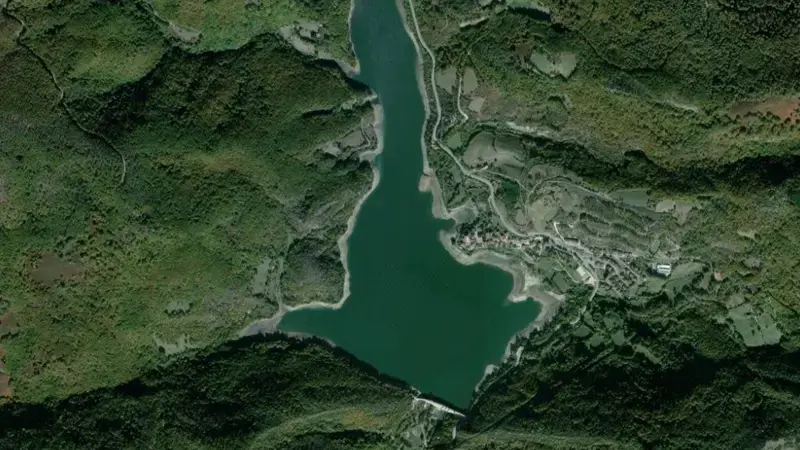 Satellite view of Eugui reservoir, Iruñerria, Navarre, Spain