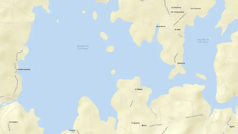 Road map of Fervenza reservoir, O Xallas, Galicia, Spain