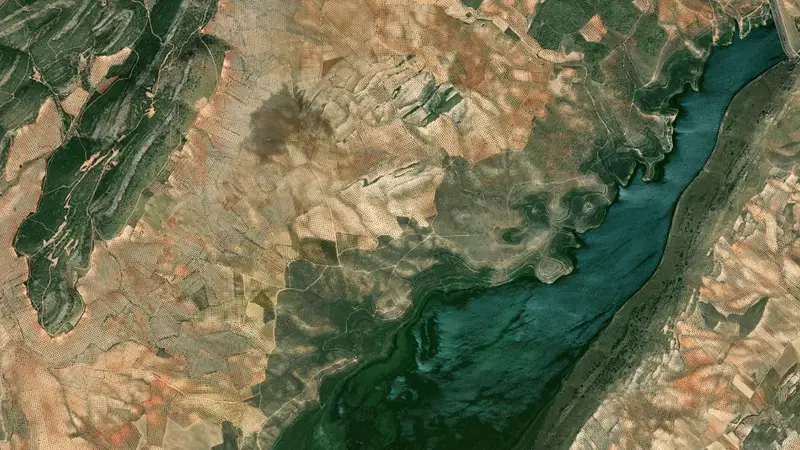 Satellite view of Finisterre reservoir, Toledo, Castile-La Mancha, Spain