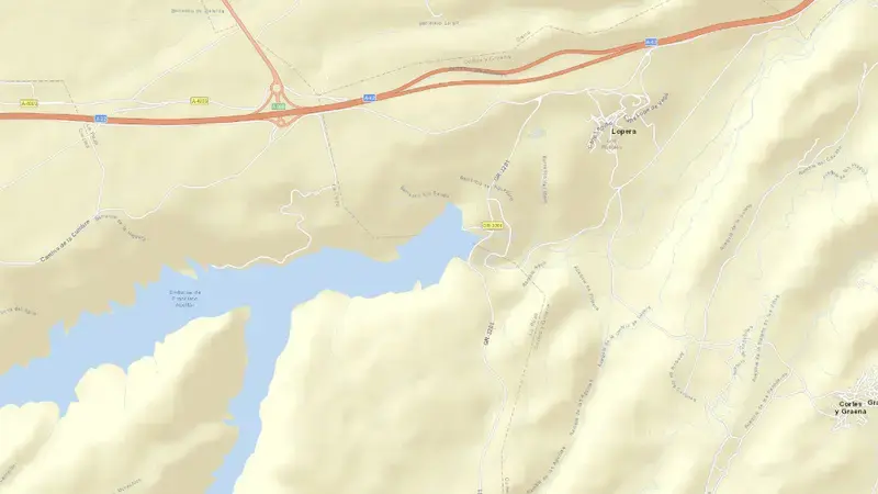 Road map of Francisco Abellán reservoir, Granada, Andalusia, Spain