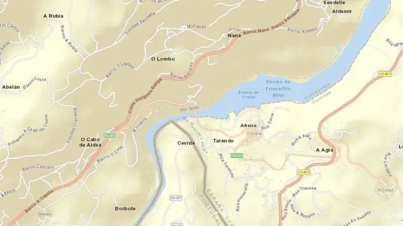 Road map of Frieira reservoir, Ourense, Galicia, Spain