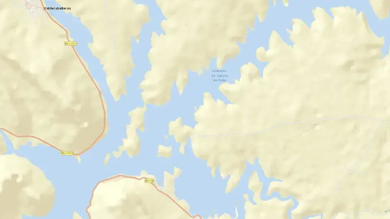 Road map of García de Sola reservoir, Badajoz, Extremadura, Spain
