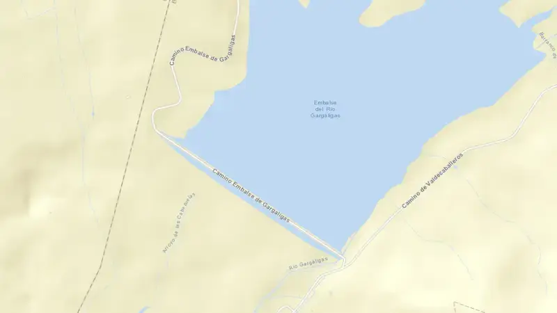 Road map of Gargaligas reservoir, Badajoz, Extremadura, Spain