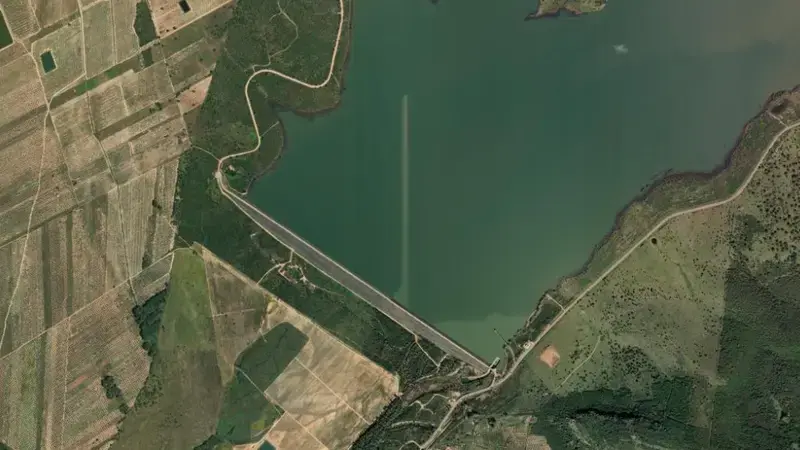 Satellite view of Gargaligas reservoir, Badajoz, Extremadura, Spain