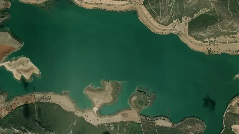 Satellite view of Gasset reservoir, Ciudad Real, Castile-La Mancha, Spain