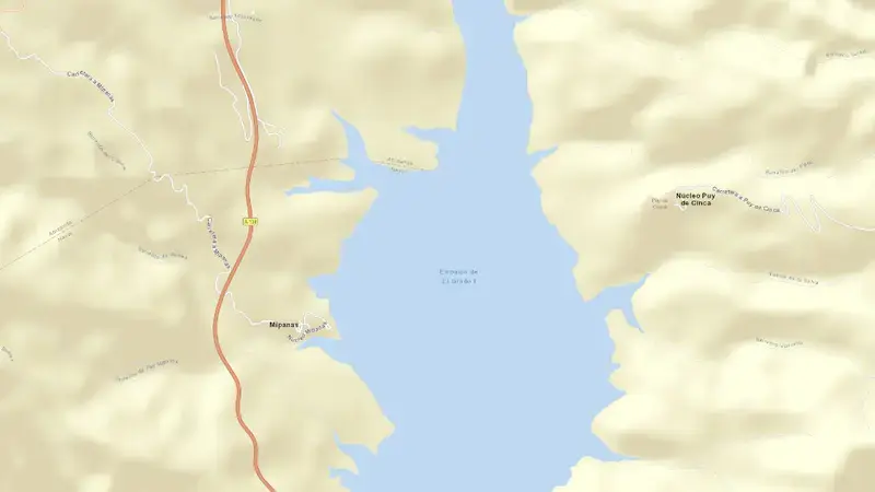 Road map of El Grado reservoir, Huesca, Aragon, Spain