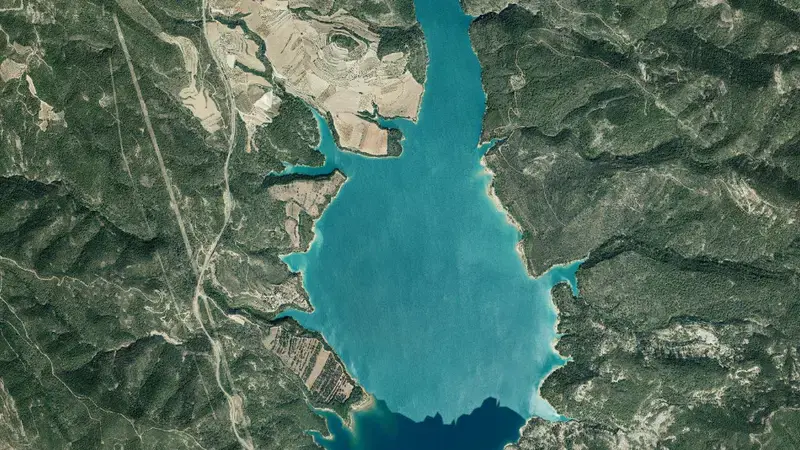 Satellite view of El Grado reservoir, Huesca, Aragon, Spain