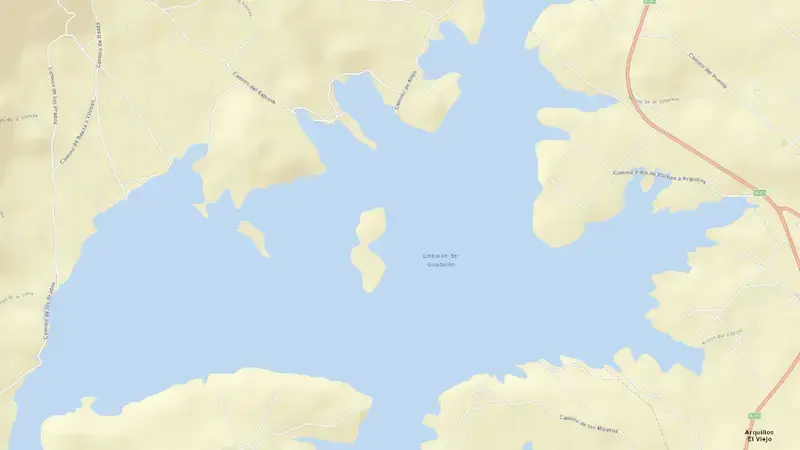 Road map of Guadalén reservoir, Jaén, Andalusia, Spain