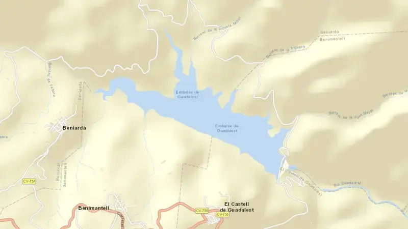Road map of Guadalest reservoir, Alacant / Alicante, Valencian Community, Spain