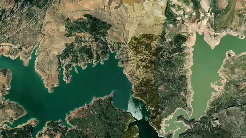 Satellite view of Guadalhorce-Guadalteba reservoir, Malaga, Andalusia, Spain