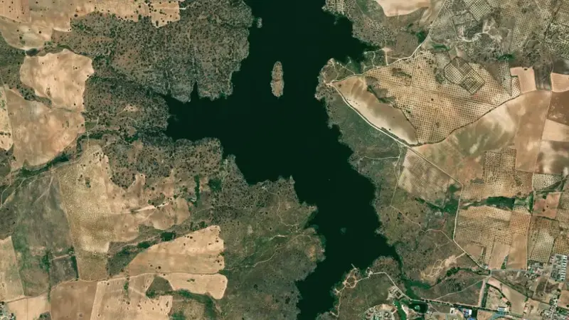 Satellite view of Guajaraz reservoir, Toledo, Castile-La Mancha, Spain