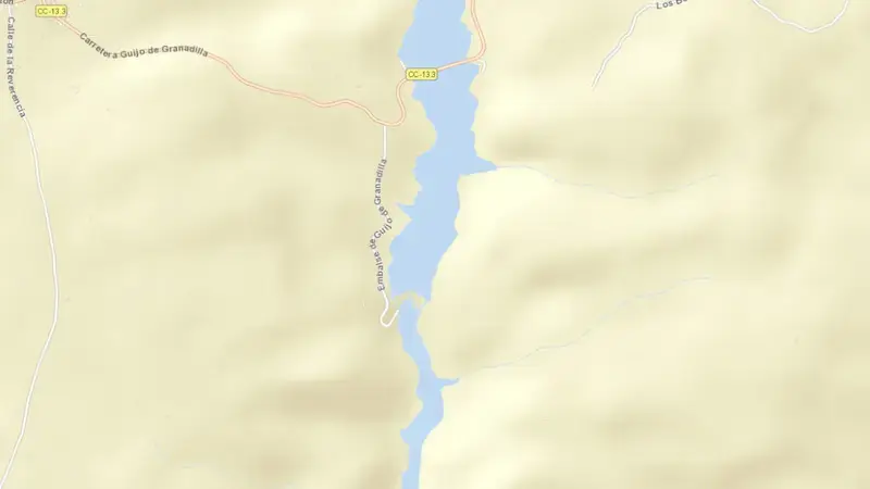 Road map of Guijo de Granadilla reservoir, Cáceres, Extremadura, Spain