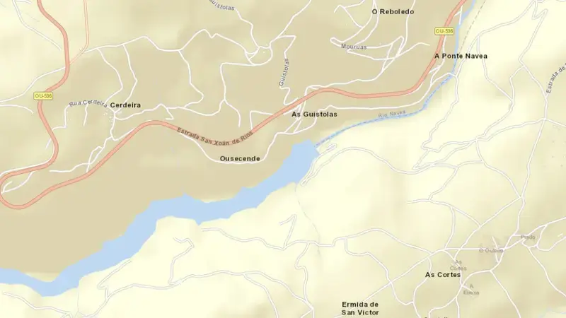 Road map of Güístolas reservoir, Ourense, Galicia, Spain