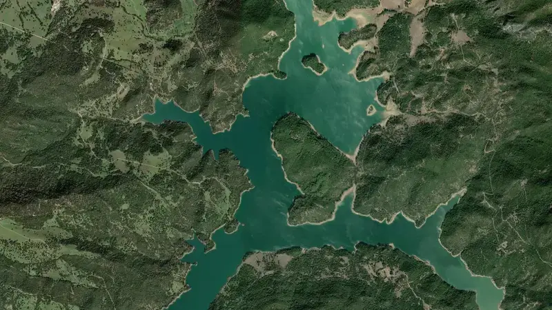 Satellite view of Los Hurones reservoir, Cádiz, Andalusia, Spain