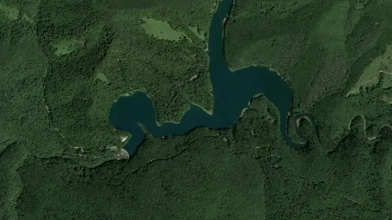Satellite view of Irabia reservoir, Pirinioak, Navarre, Spain
