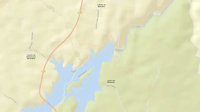 Road map of Irueña reservoir, Salamanca, Castile and León, Spain