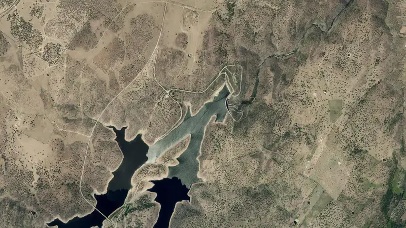 Satellite view of Irueña reservoir, Salamanca, Castile and León, Spain