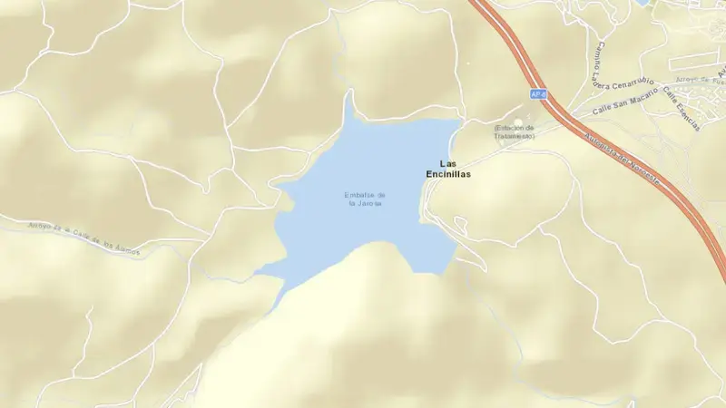 Road map of La Jarosa reservoir, Community of Madrid, Spain