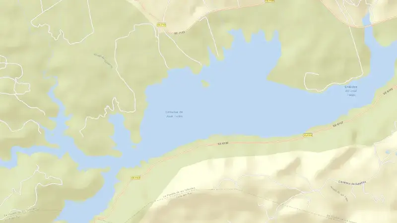 Road map of José Torán reservoir, Sevilla, Andalusia, Spain