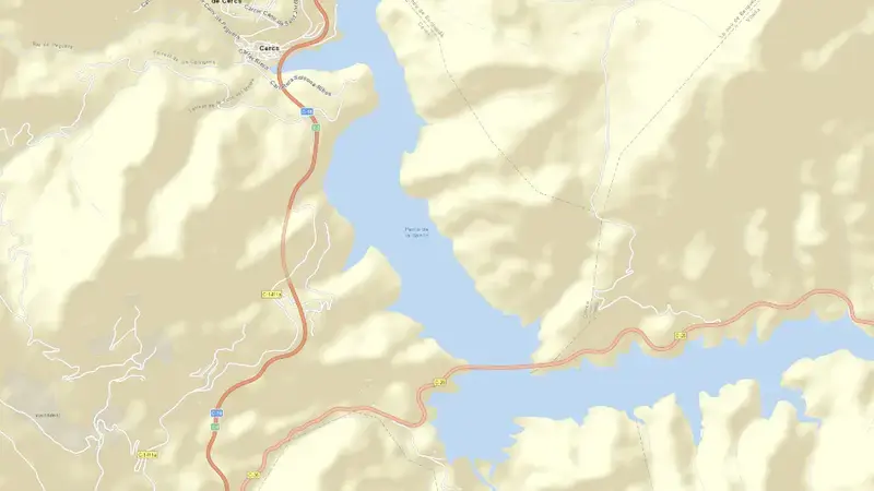 Road map of La Baells reservoir, Barcelona, Catalonia, Spain